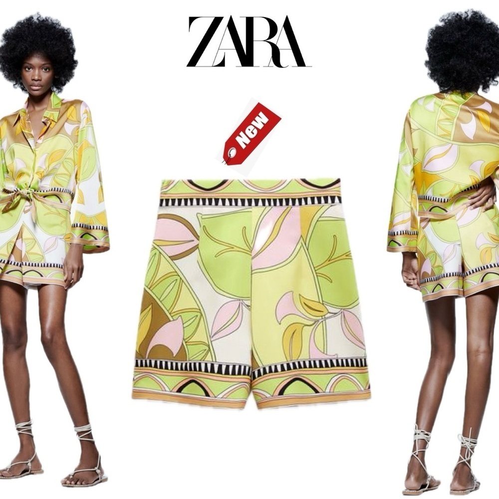 Zara lime green brown tropical print skort skirt Sz S NWT